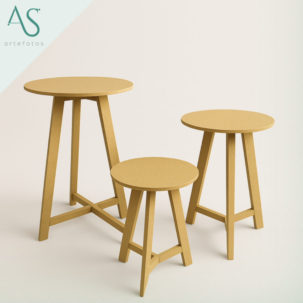 Trio de Mesas para Decoração Trio Cilindro Mdf Mesa Triangulo