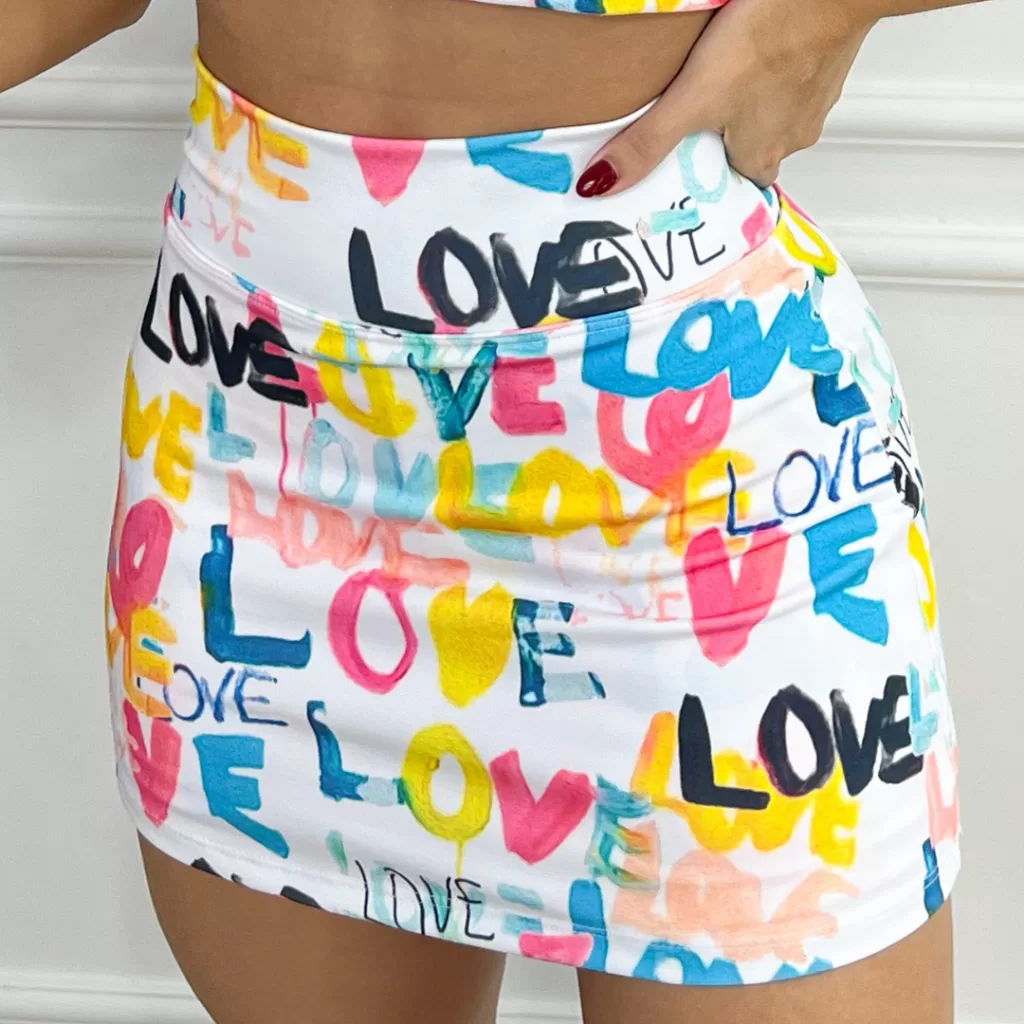 Short Saia Feminino Cintura Alta Suplex Esportivo Academia Fitness Estampada Love