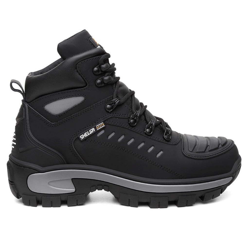Bota Motoqueira Masculina Couro Nobre Palmilha Gel Refletivos Laterais Bico PVC Original Shelga