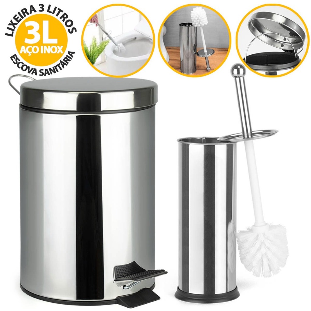 Kit de Banheiro Lixeira de Aço Inox Cesto De Lixo 3 5 Litros 100% C/Pedal + Escova Sanitária Suporte
