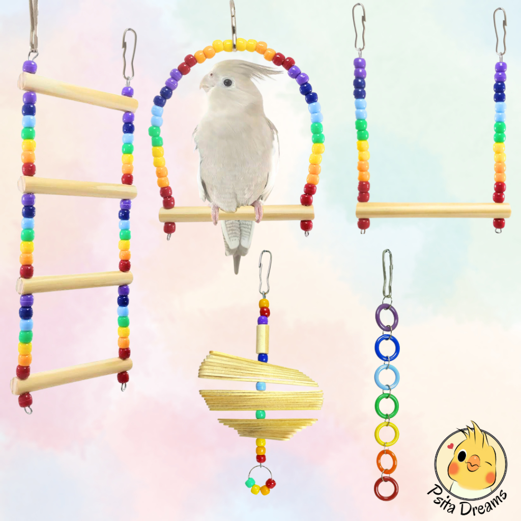 Kit com 3, 4 ou 5 Brinquedos Arco-Íris, calopsita, agapornis, periquito, aves, brinquedo
