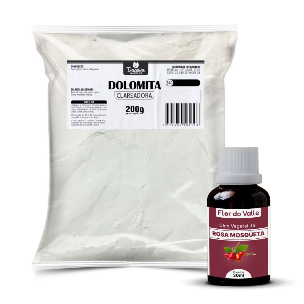 Kit Dolomita Clareadora 200g + Óleo de Rosa Mosqueta Rubiginosa (Clareador Natural) Mascara Facial S