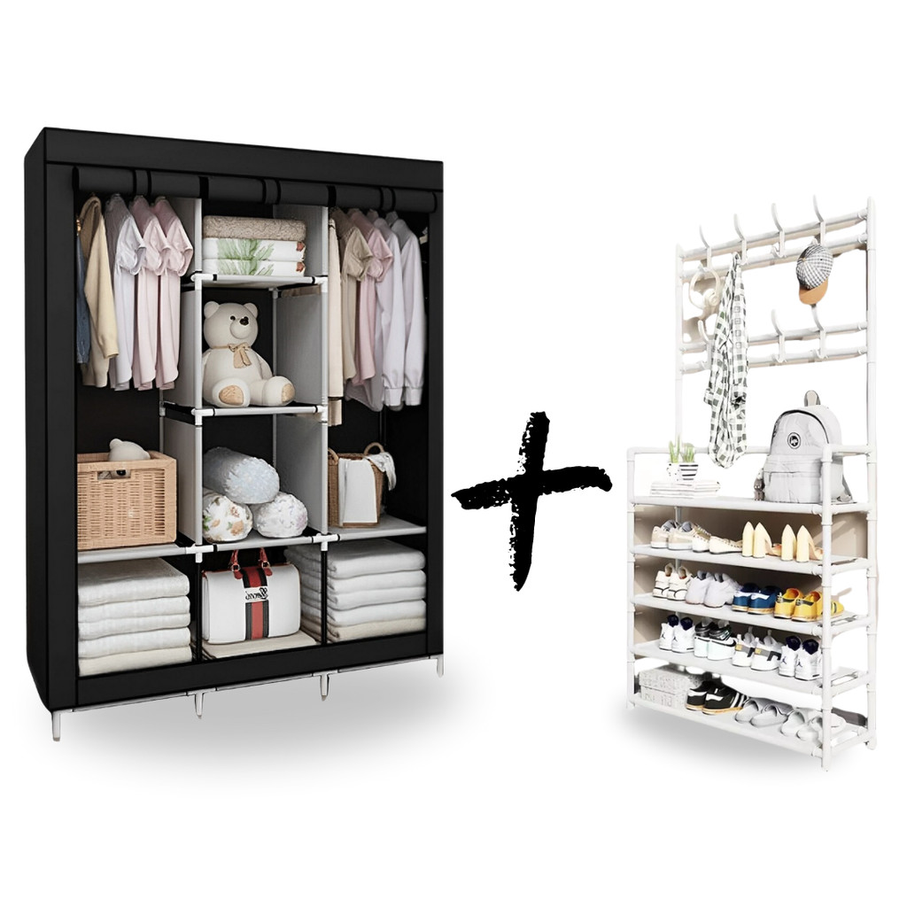 Guarda-Roupa Portátil Dobrável Prateleira Zíper para Quarto Closet + Rack Sapateira Cabideiro Branco