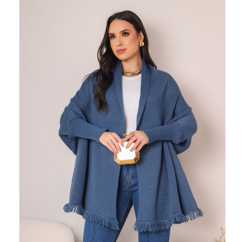 Capa Poncho Casual Tricot Feminino Franjas Manga Longa Outono Inverno