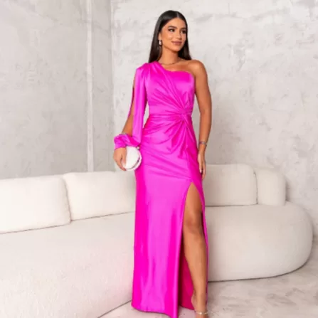 Vestido Longo de Festa Ombro So Com Manga Sem Bril