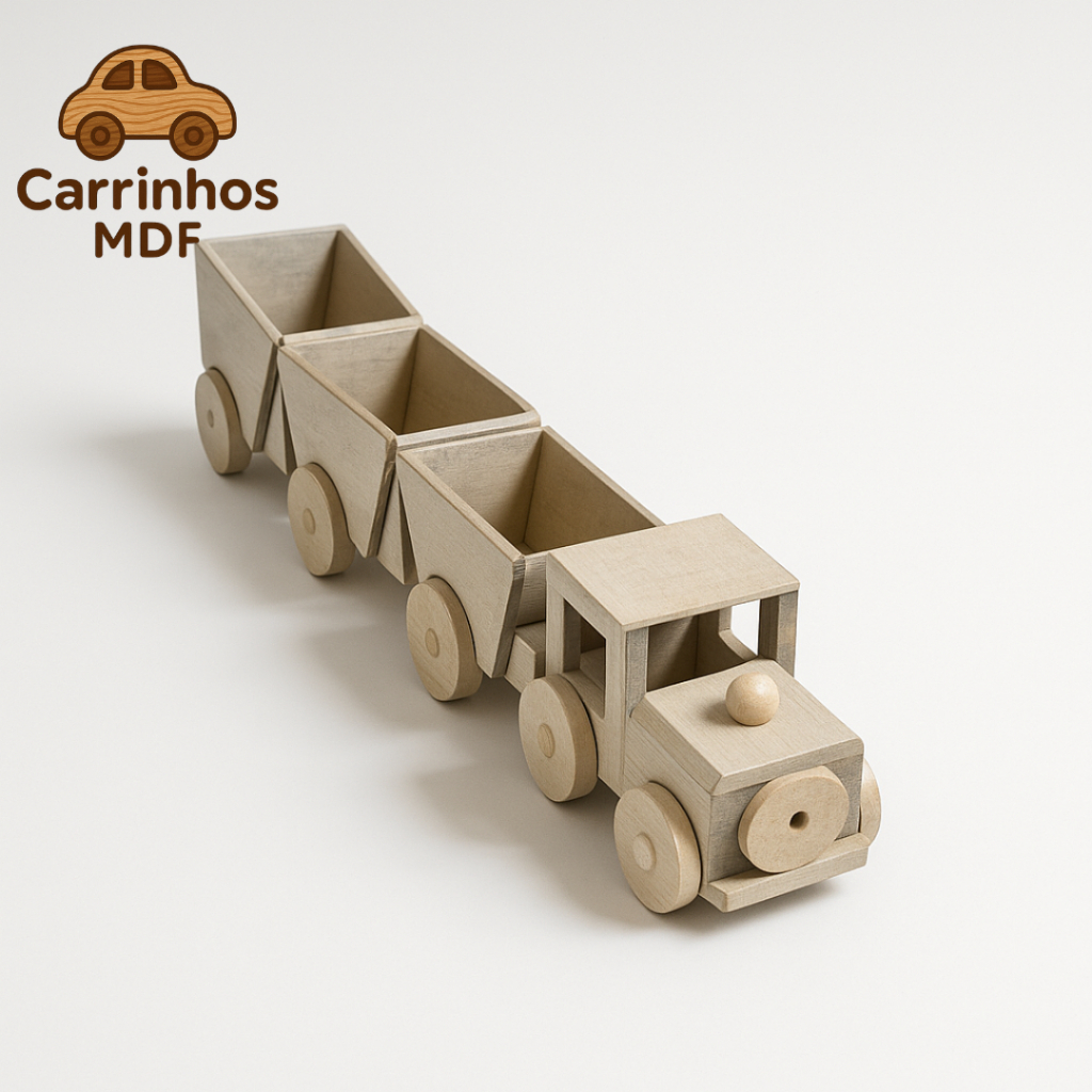 Trenzinho de Brinquedo Em Madeira Com Três Vagões Ecologico Para Escolas