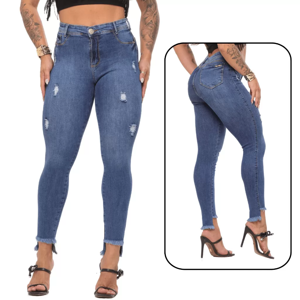 Calça Jeans Feminina Com Elastano Skinny Efeito Levanta Bumbum Cintura Alta Modeladora