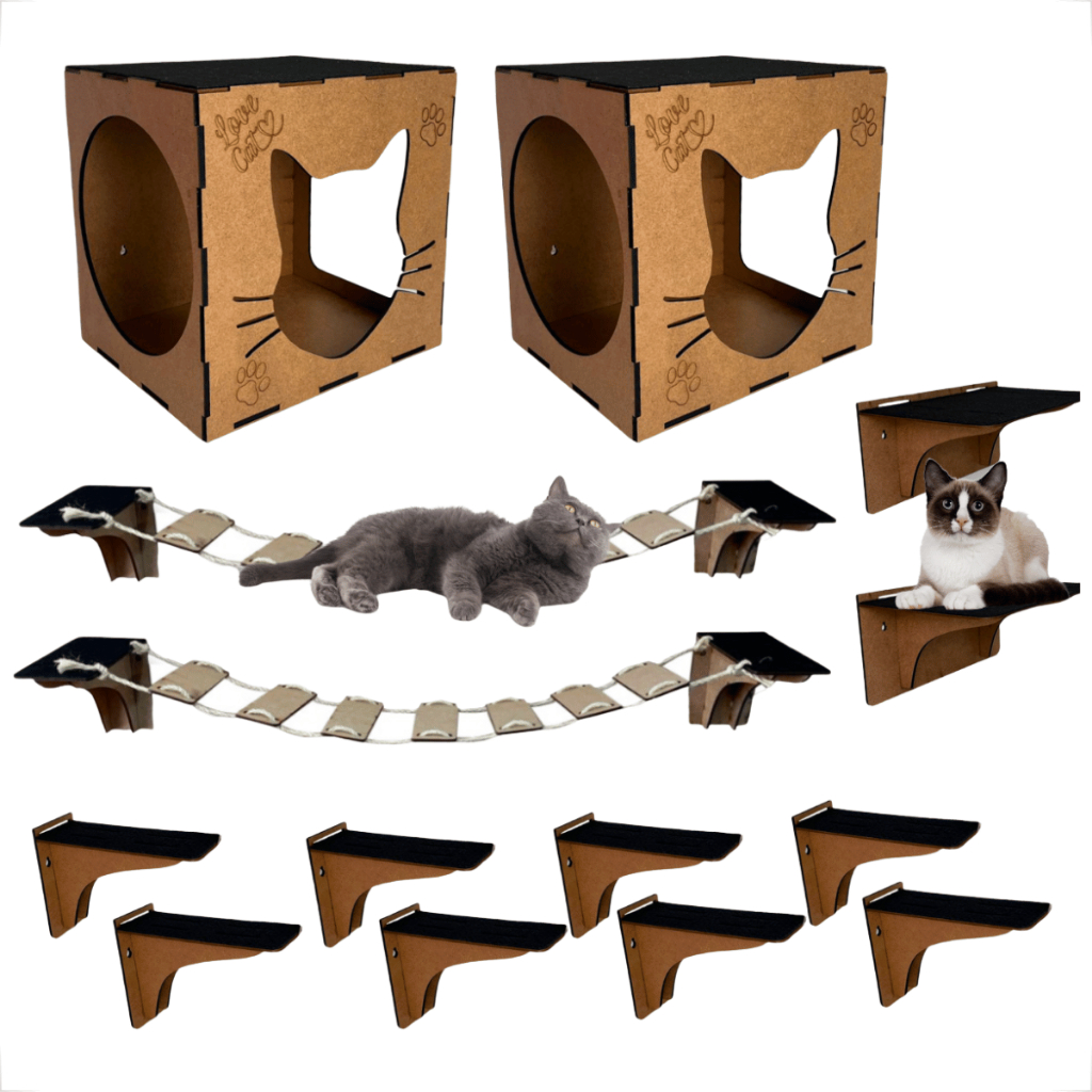 Kit Playground Gatos Parede Completo Brinquedo Casa Nicho Prateleira Degraus Ponte