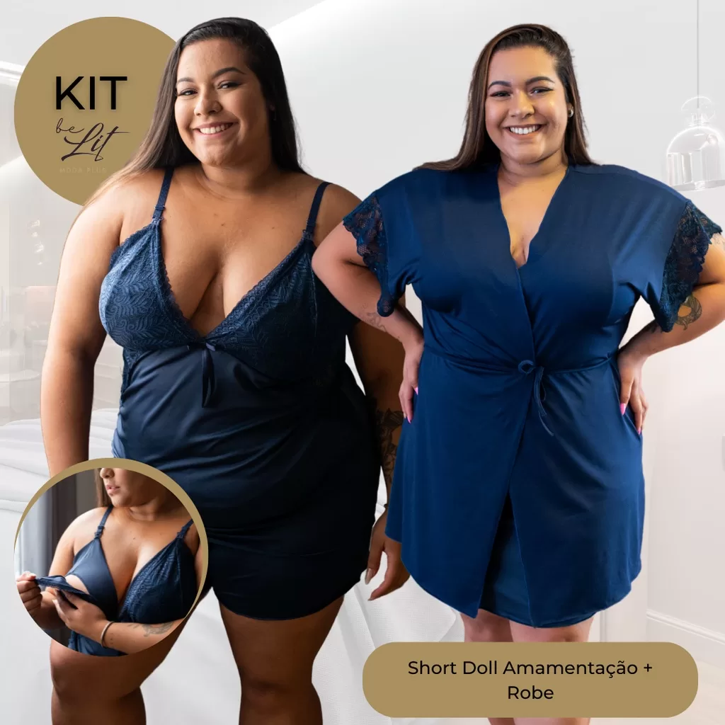 KIT 2 Peças – Robe e Short Doll Amamentação Plus Size 50 52 54 56 58 Conforto Renda Pijama Roupa de