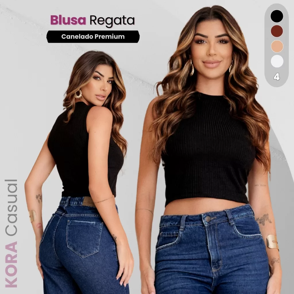 Blusa Cropped Regata Feminina Gola Alta Canelado Premium