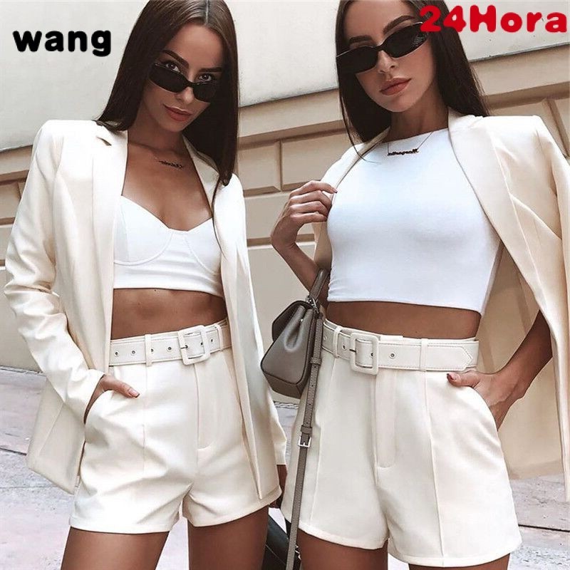 Conjunto feminino de blazer solto casual cor sólida + shorts