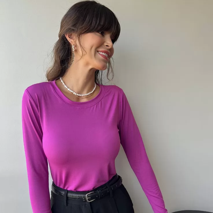 Tshirt Manga Longa Fucsia Blusa Básica Feminina C