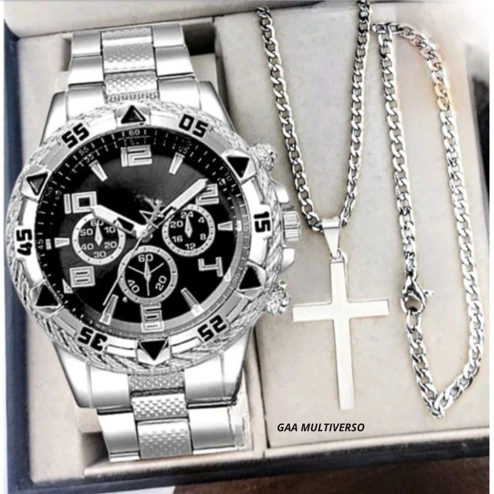 Kit Relógio Masculino Aço Inox Resistente a Água Com Corrente Cruz e Pulseira Presente Dia Dos Pais