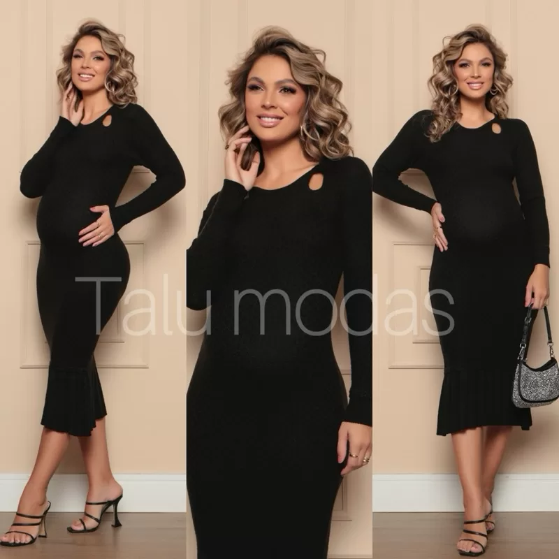 Vestido Tricot Gestante Até 8 meses Modal Inverno Sereia Mídi Manga Longa Gola Redonda 2125