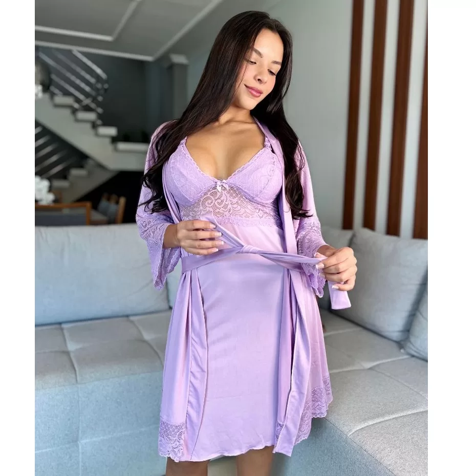 Kit Maternidade Completo: Camisola e Robe de Amamentação Feminina para Pós-Parto / Plus Size