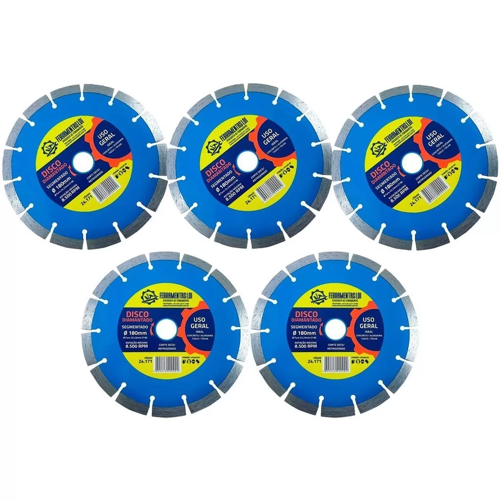 5 Disco Diamantado de Corte 7 180mm Segmentado Ferramentas LDI P/ Alvenaria Concreto