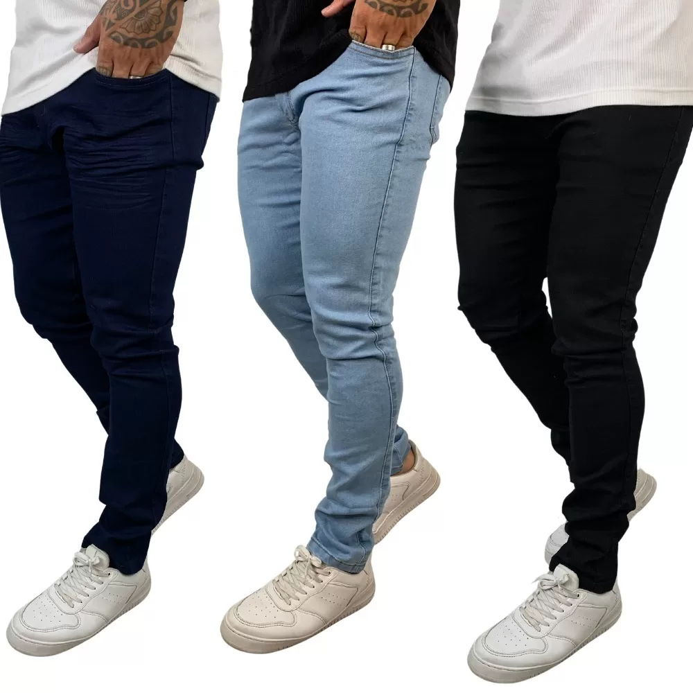 Kit Calças Jeans Masculina Super Skinny Corte tradicional Basico Lavagem Clara Escura e Preta
