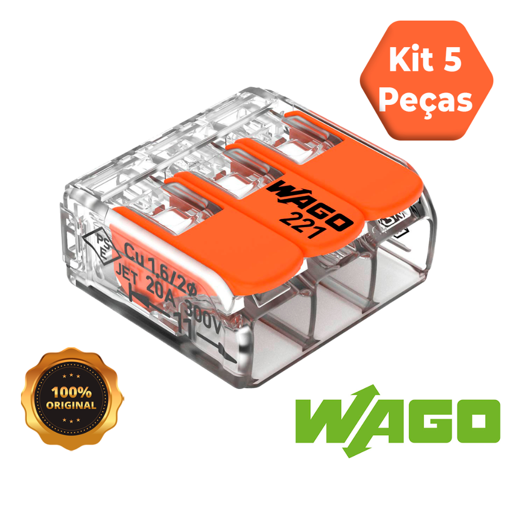 Conector de Fio Elétrico Wago 221-413 Conector Wago Emenda 4mm² 32A conexão automática Kit 5 peças