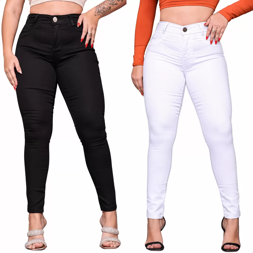 Kit 2 Calças Jeans Skinny Feminina Cintura Alta Modeladora Levanta Bumbum Lycra Empina Bumbum Social