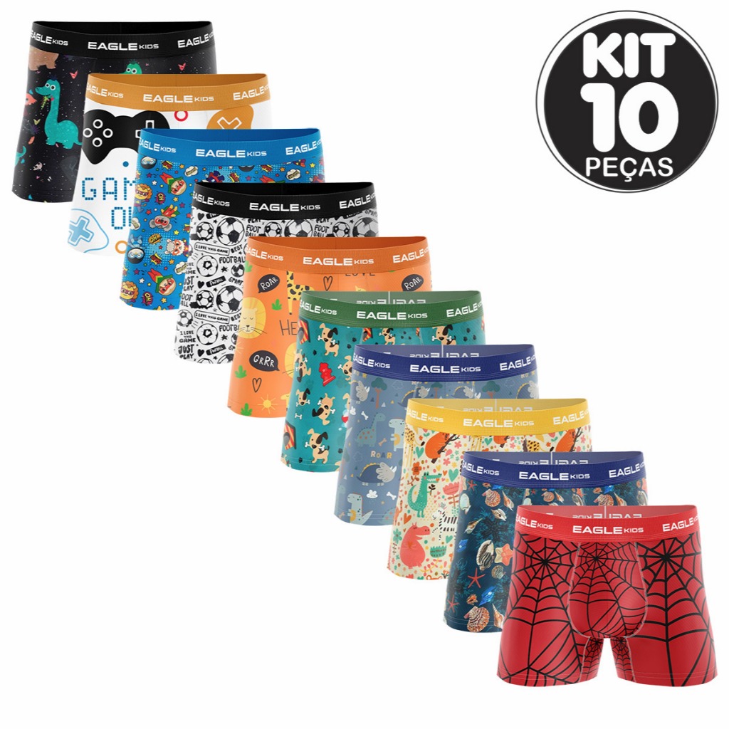 KIT 10 CUECAS INFANTIL BOXER POLIESTER – SORTIDO