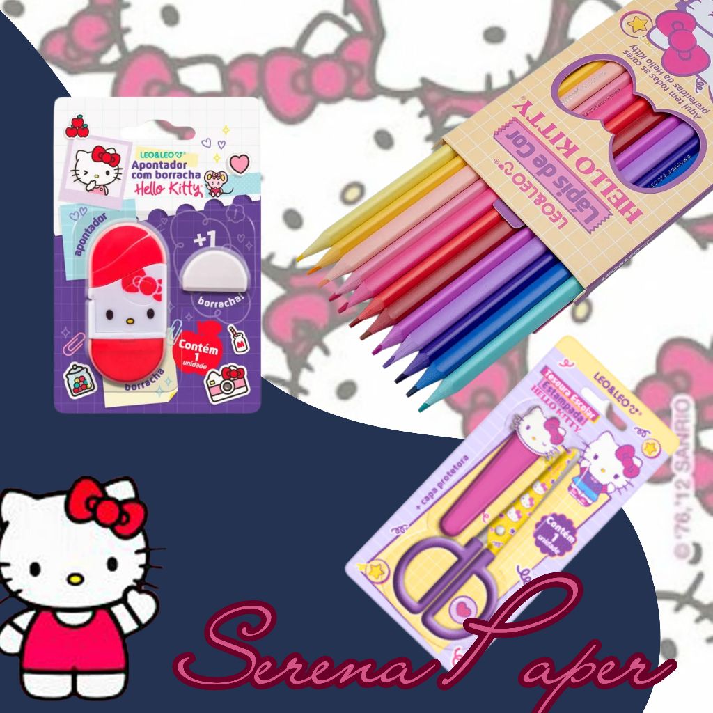 KIT HELLO KITTY (1 LÁPIS DE COR 12 CORES / 1 APONTADOR COM BORRACHA / 1 TESOURA) / PAPELARIA KAWAII