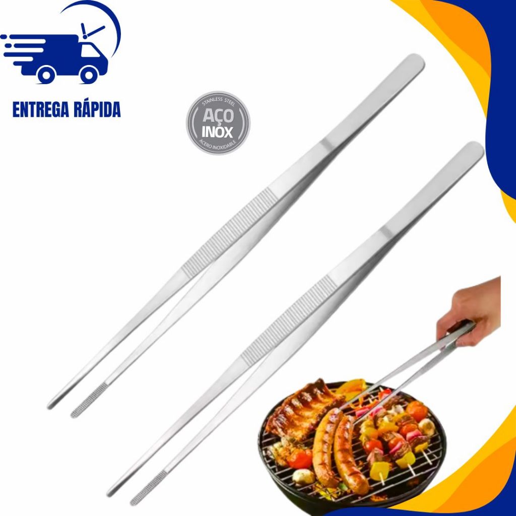 1 Pinça Culinária Inox Profissional, Chef, Churrasqueiro, Escovada 30 Cm