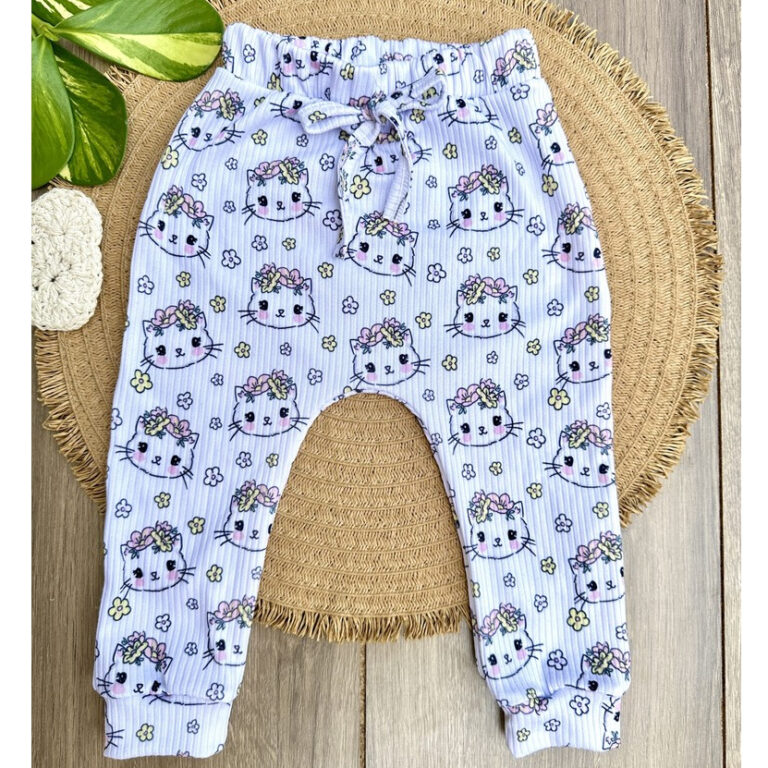 Calça Infantil Canelada Estampa Gatinhas
