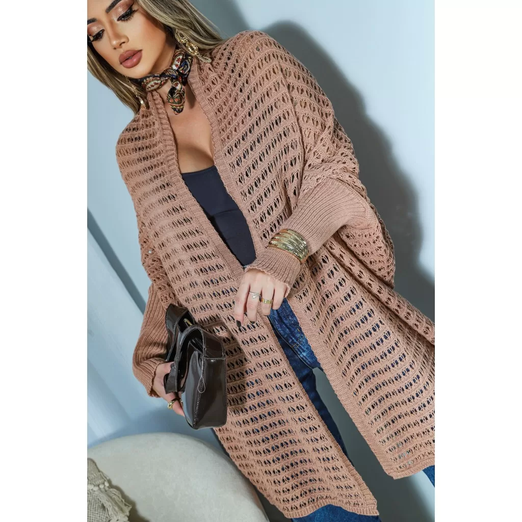 Poncho Kimono Feminino Tricot  | Trama Royale com Detalhes em Crochê Vasado Elegante | RS Malhas