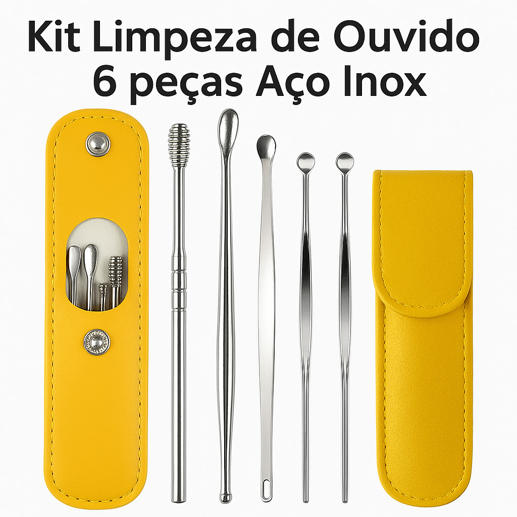 Kit Limpeza Cera de Ouvido 6 peças Portátil Aço Inox com Estojo