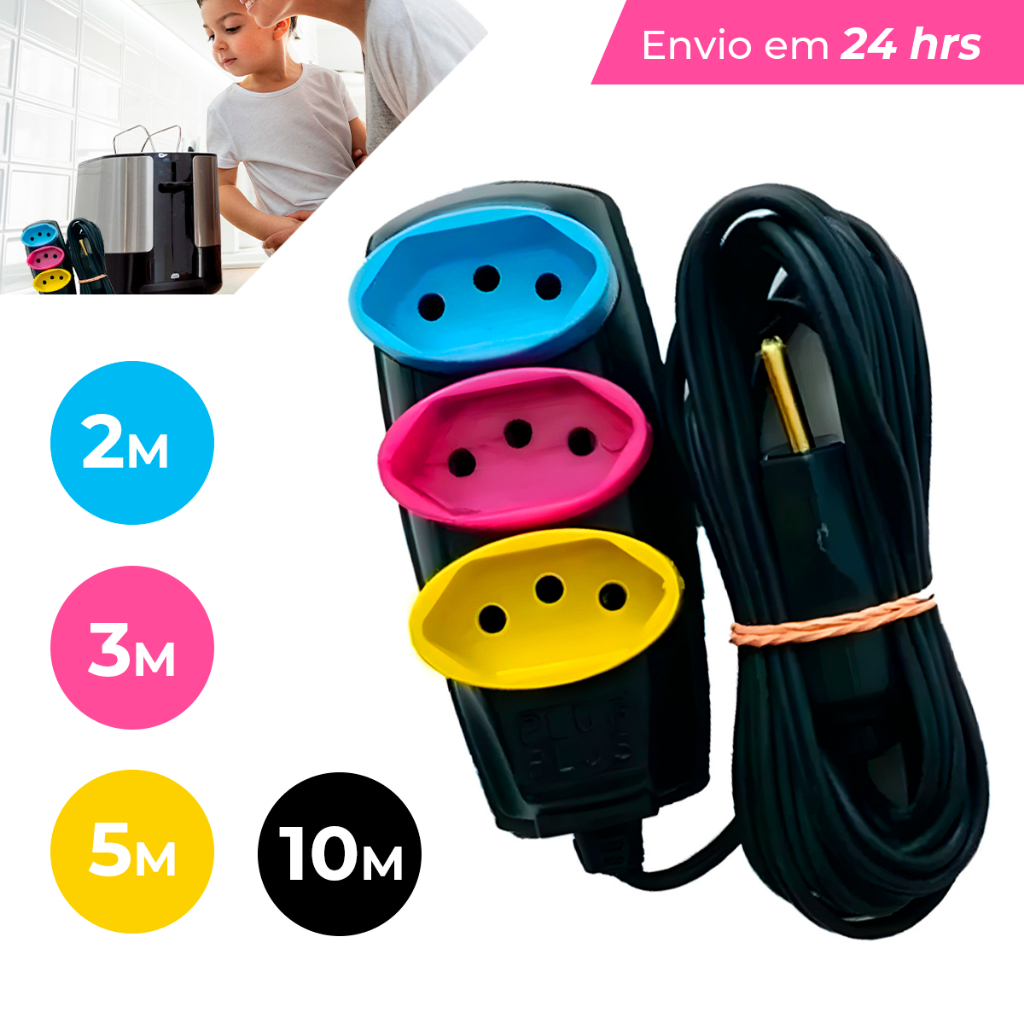 Extensão Elétrica 2/3/5/10 (METROS) Bivolt – Tomadas Tripolares Coloridas Durável Resistente