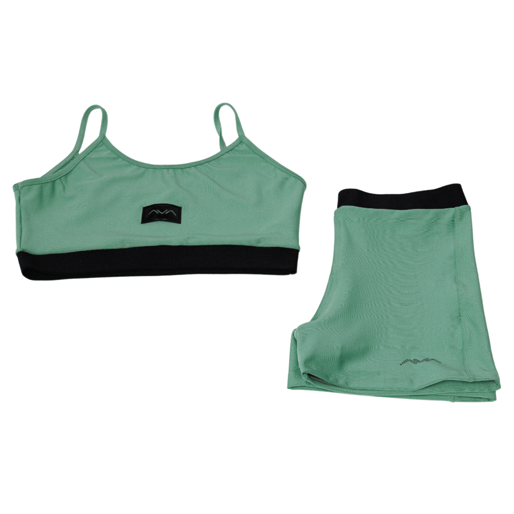 Conjunto Feminino Top e Short Verde Mineral Elástico Preto Etiqueta AVA Fitness