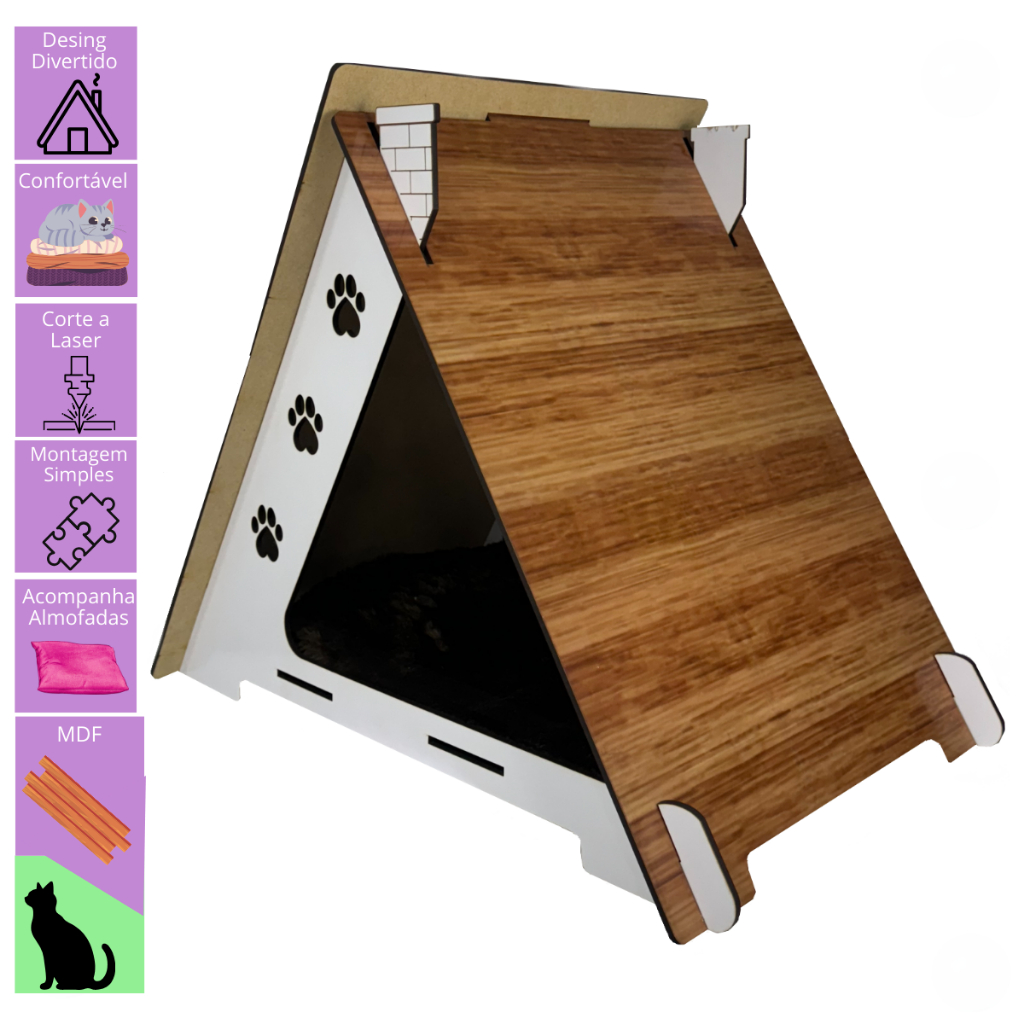 Cama Pet Chalé Casa Toca Gatos Cachorro Mdf Almofada Pelucia