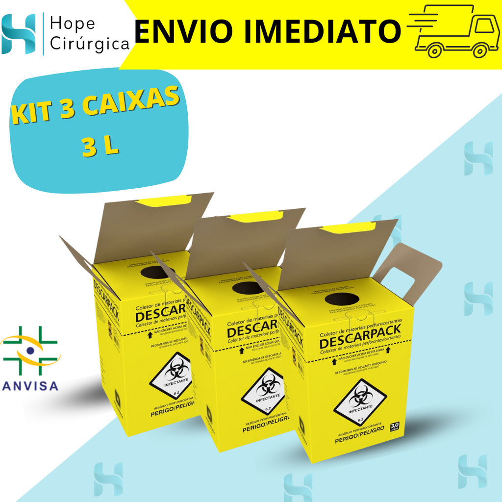KIT 3 CAIXAS Descarpack – Caixa Perfuro Cortante Coletor (03-Litros)