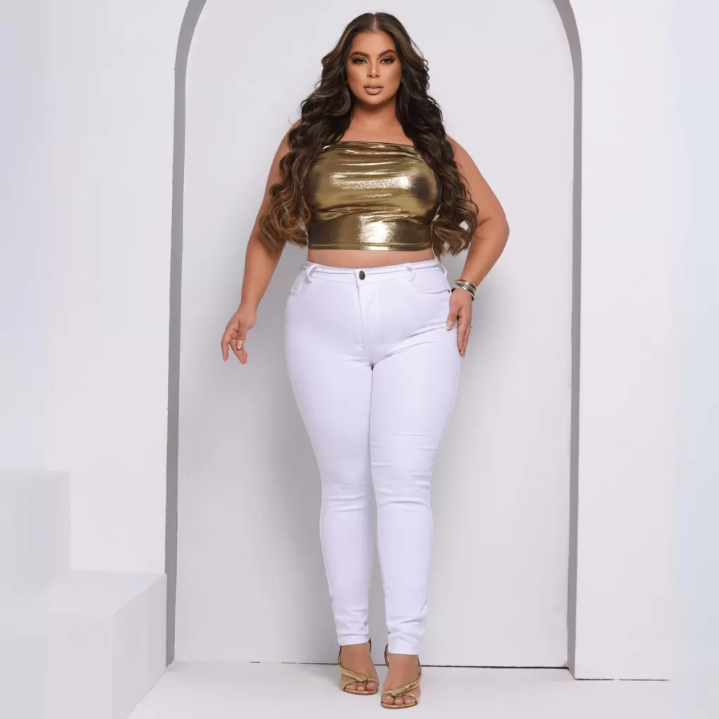 Calça Jeans Plus Size Feminina Cintura Alta Modeladora Levanta Bumbum Com Lycra Stretch Premium Bran