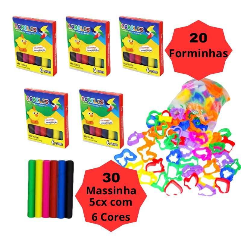 Kit 30 Unidades de Massinha + 20 moldes Forminhas Sortidas Para Modelar Infantil Escolar (5 caixas 6