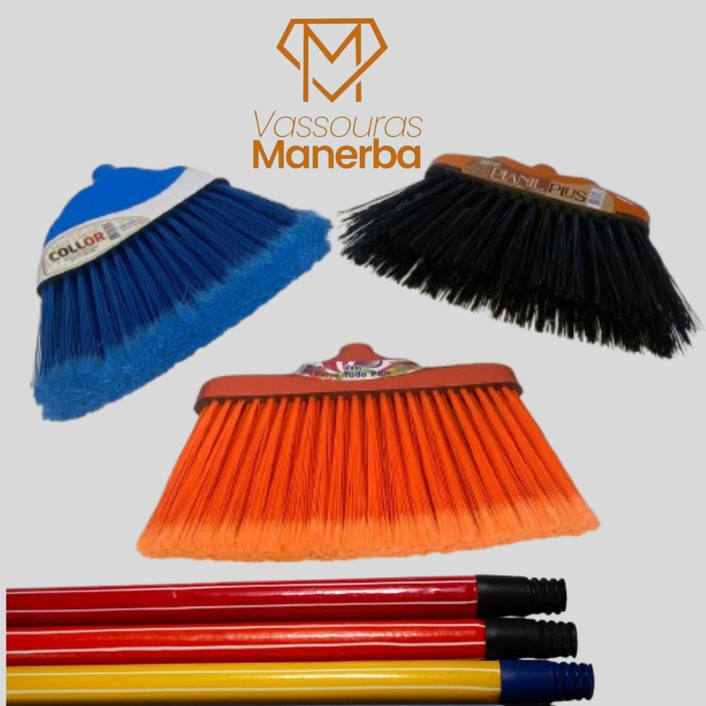 KIT 3 VASSOURAS COM 3 CABOS DE 1,2 – VARRE TUDO PLUS+ CANTO COLLOR + PIANIL PLUS