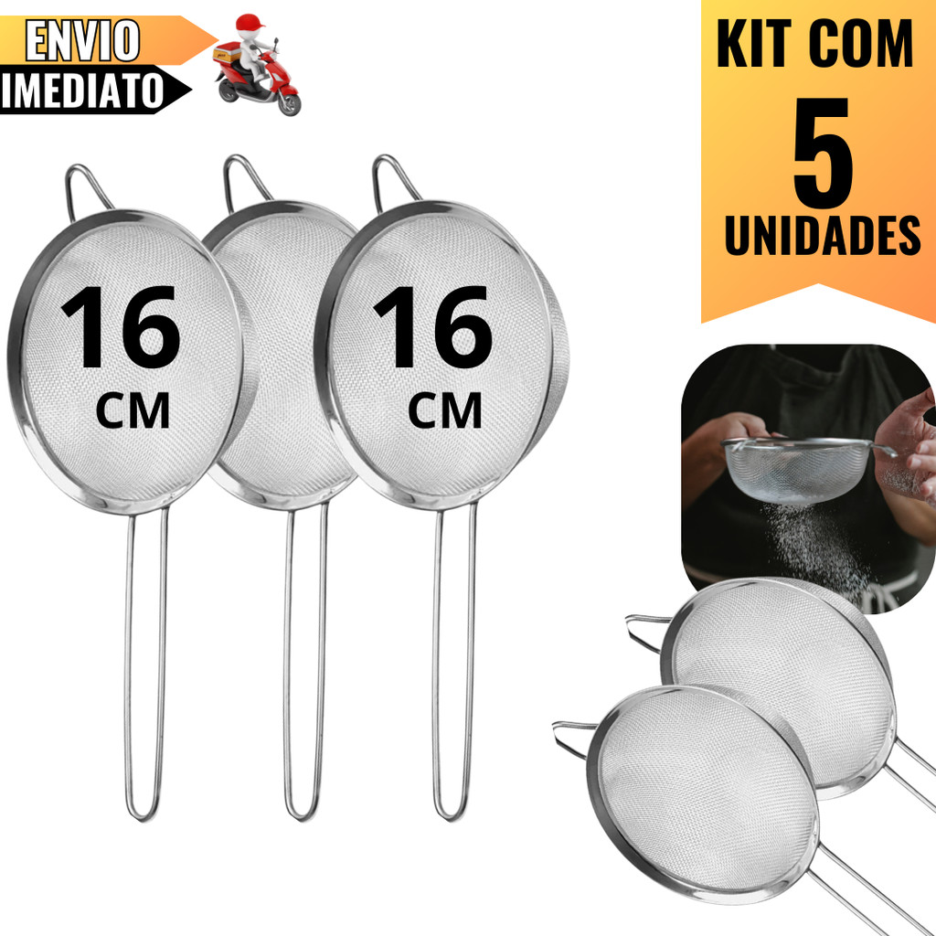 Kit com 05 Peneiras 16CM de Aço Inox Para Coar Líquidos e Alimentos em Cozinha, Restaurantes, Casas