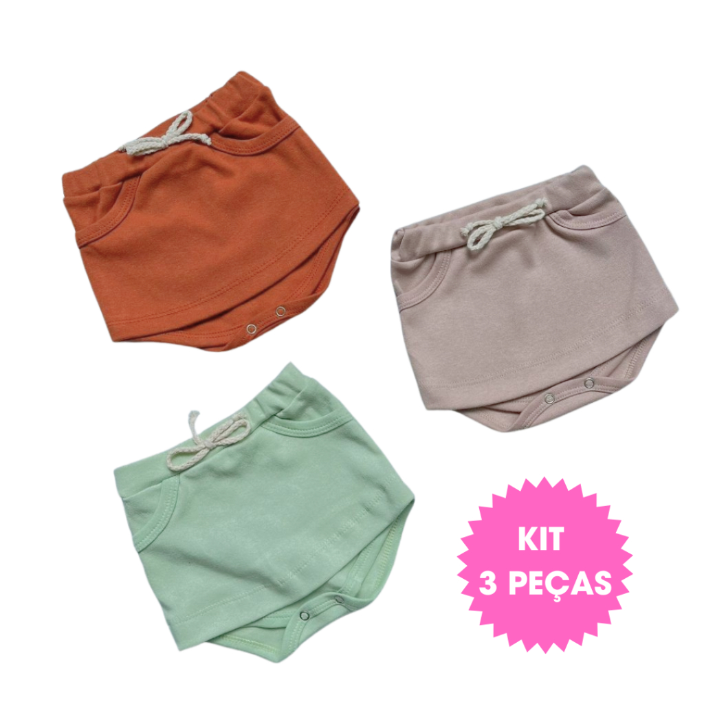 Kit Com 3 Short Saia Tapa Fralda Bebê Menina Verão 100% Algodão