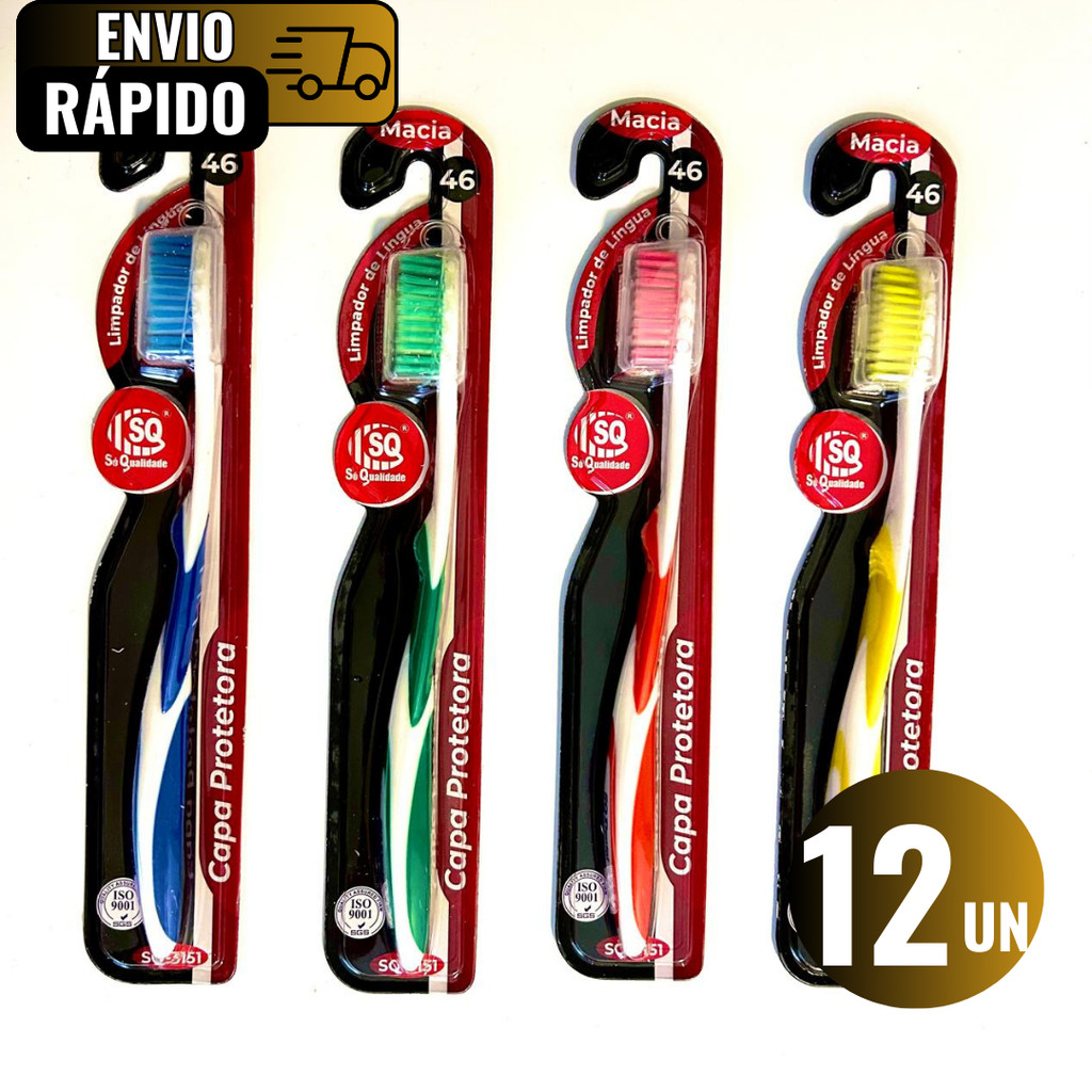 Conjunto 12 Escovas De Dentes Com Limpador De Lingua 46 Cerdas Macia Capa Protetora Alta Qualidade