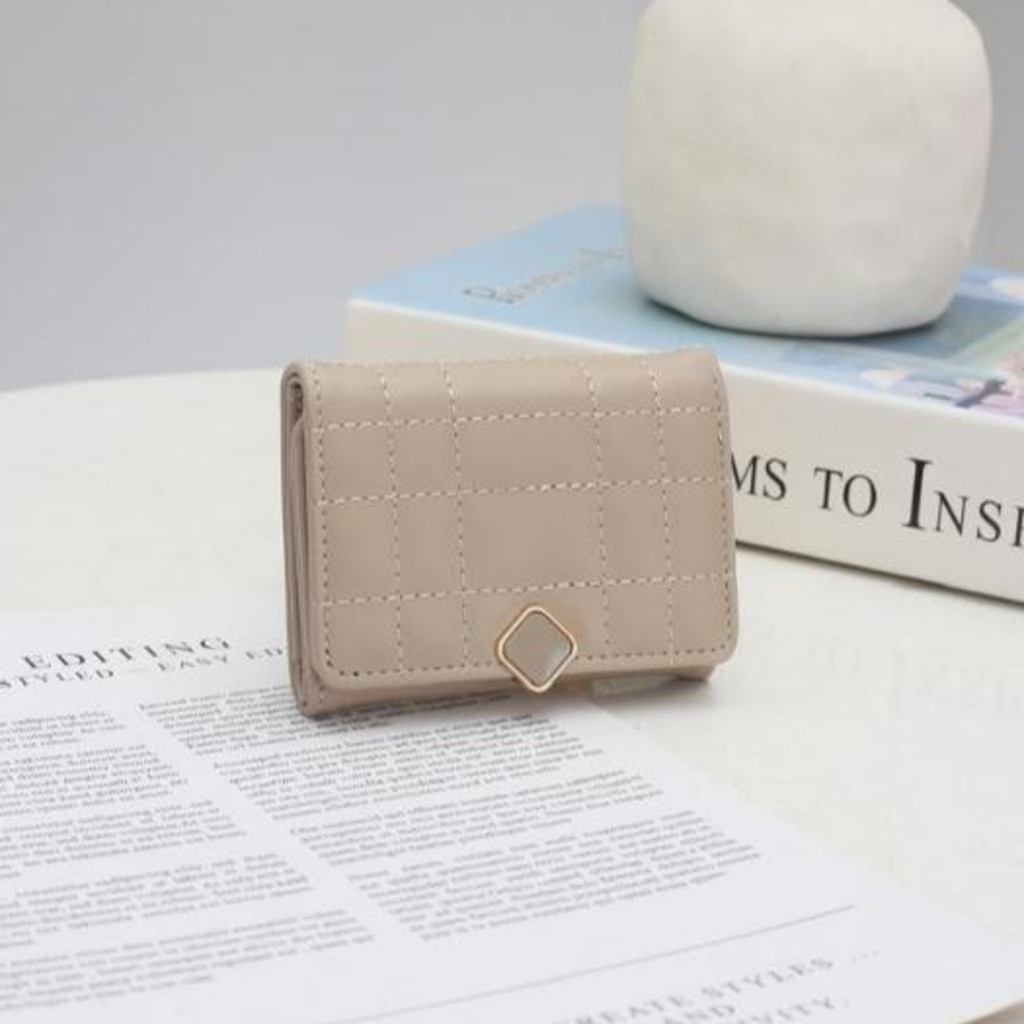 Carteira Curta Feminina Com Textura De Xadrez Cartões Com Vários Compartimentos E Moedas Dobrável Si
