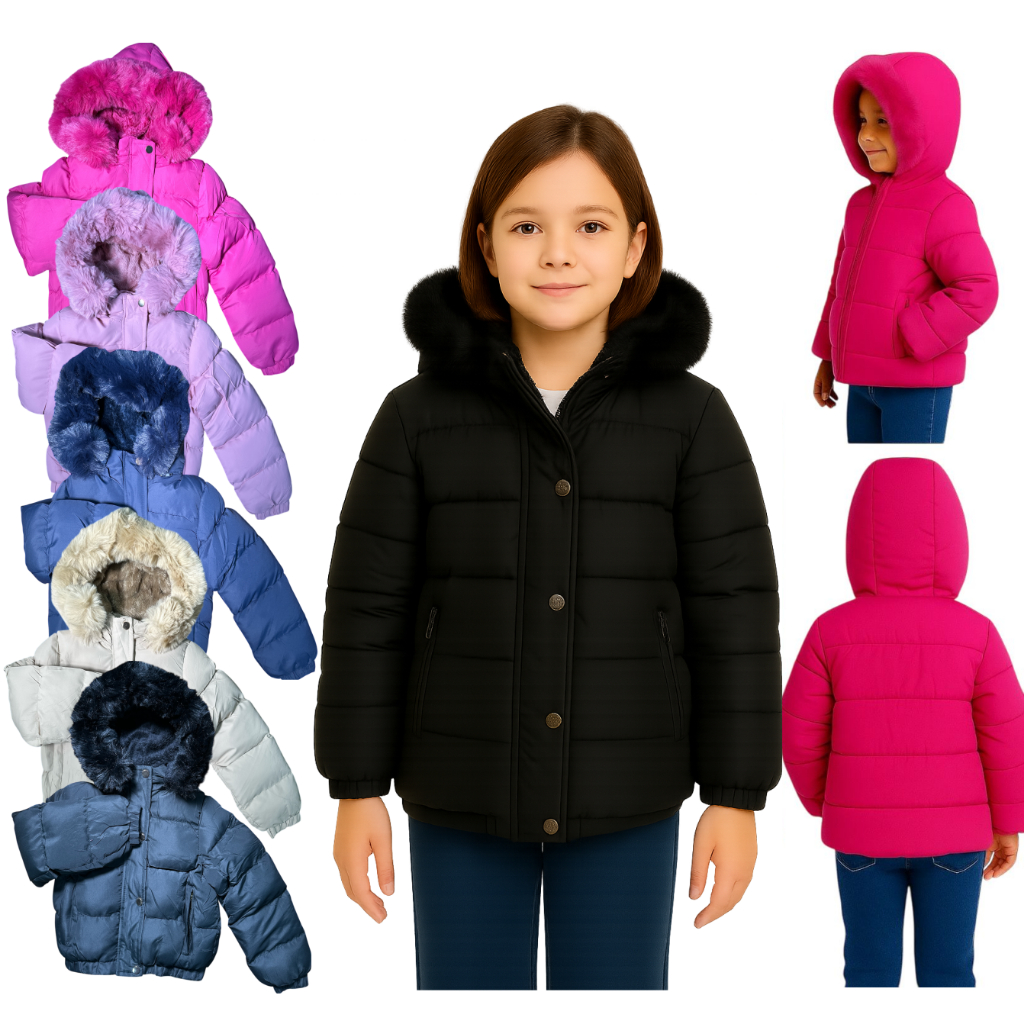Jaqueta Puffer Infantil Forrada Impermeável Pelucia Capuz Removivel Blusa de Frio 6 a 16 Bobojaco