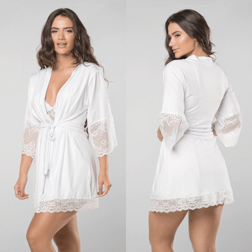 Robe Feminino em Microfibra Rendado Roupão Luxo Sexy Noiva Noite Hobby