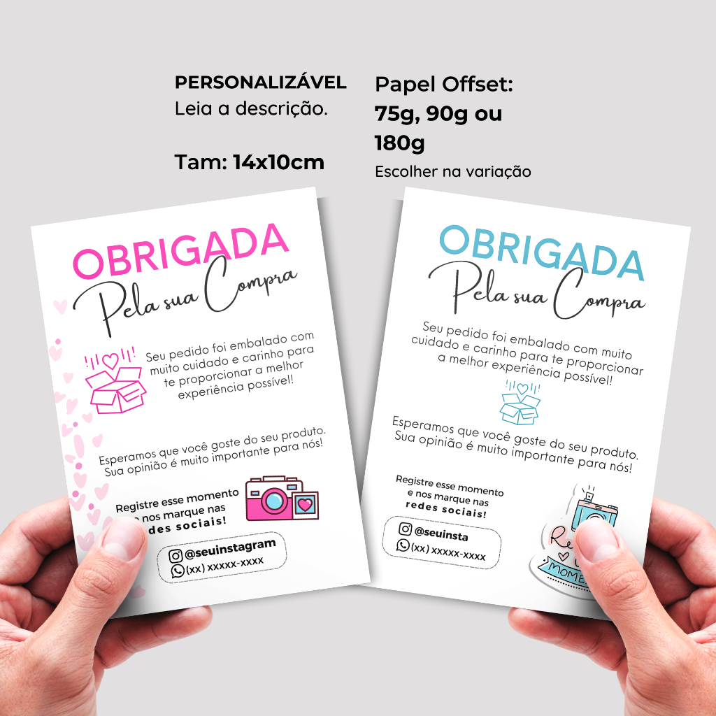 Cartão de Agradecimento ao Cliente Personalizado 14×10 para loja, ecommerce, empresa. Obrigada pela