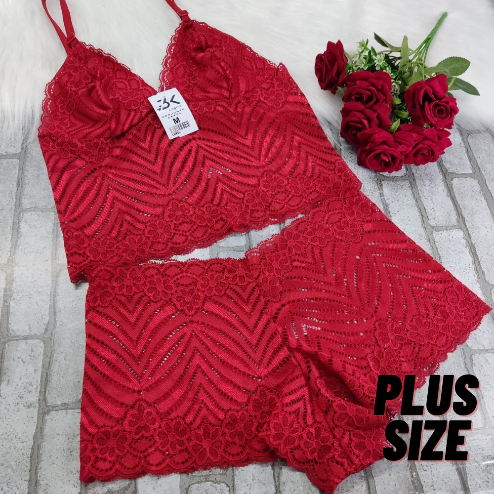 Conjunto Lingerie Espera Marido Plus Size Cropped + Calcinha Calesson Sem Bojo Renda  ( Melina)