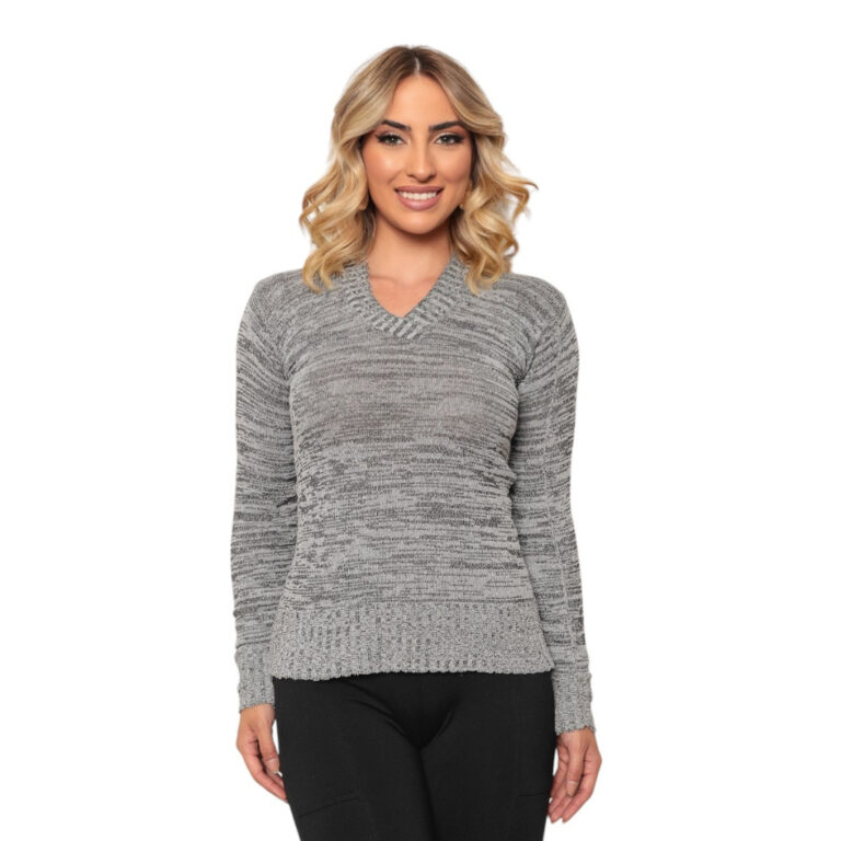 Suéter Feminino Tricô Listrado Gola V Manga Long