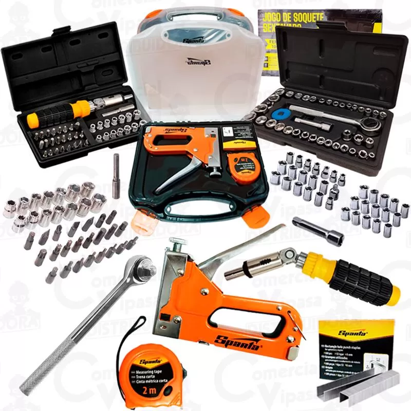 Kit Jogo De Ferramentas 84 Peças Manuais Chave Catraca Reversível Soquetes Canhão Grampeador Trena