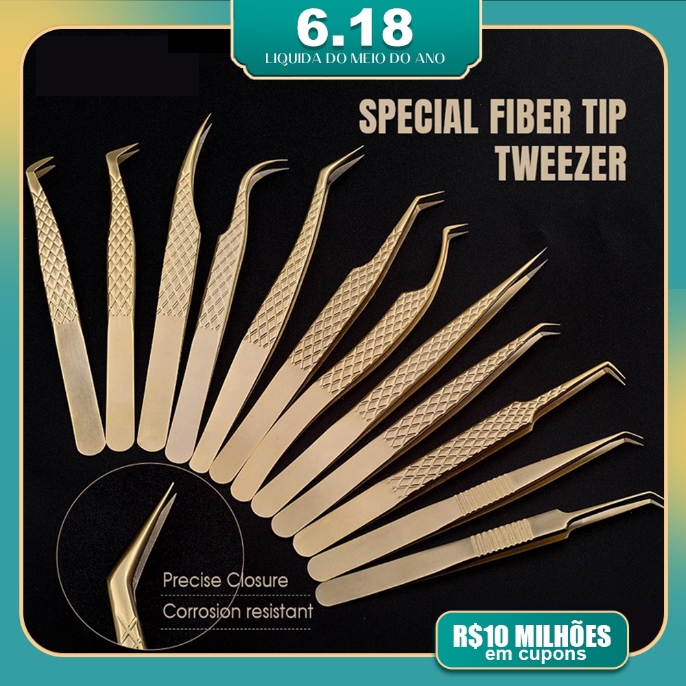 GEMERRY 1 Pcs Pinça De Extensão De Pestanas Com Pontas De Fibra Aço Inoxidável Dourada De Alta Preci