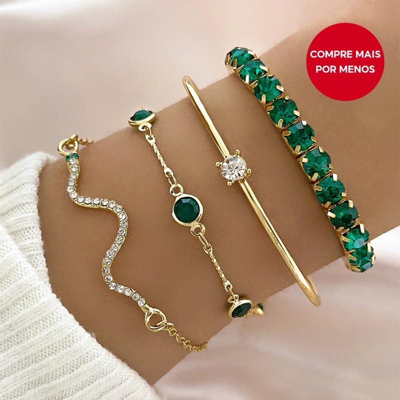 Conjunto De Pulseira De Cobra Delicada , 4 Peças De Design De Cristal Verde Para Mulheres , Presente