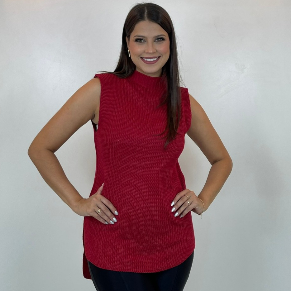 Colete Tricot Meia Gola Mullet Moda Feminino Tendencia Inverno Trico