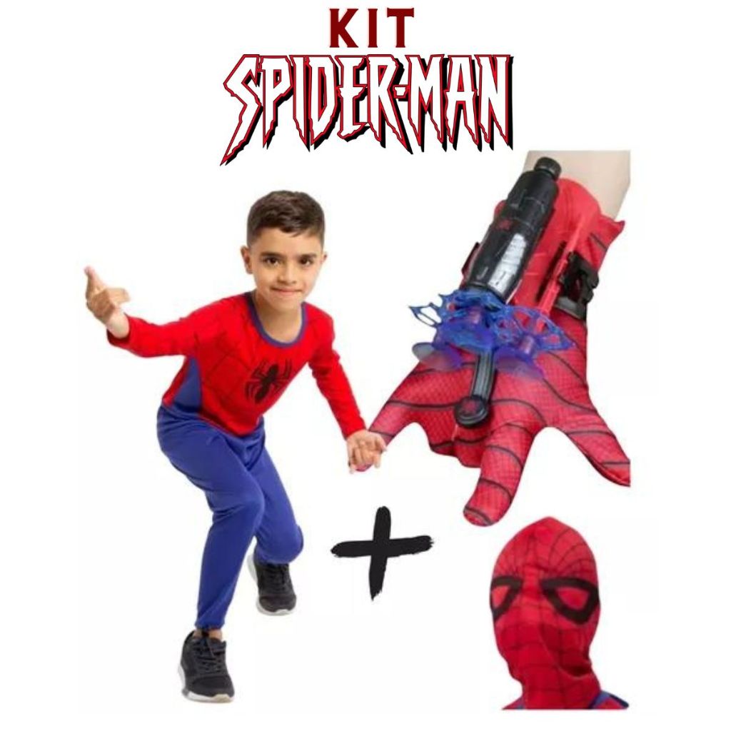 Kit Fantasia Homem-Aranha Longo Infantil + Máscara + Luva Lança Dardo